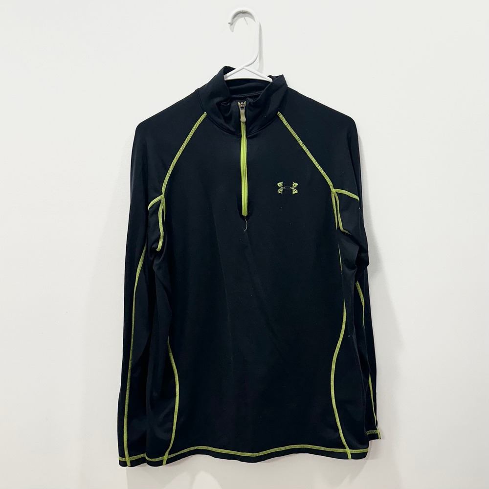 Under‎ Armour Mens Quarter Zip Pullover Black Neon Green HeatGear Large